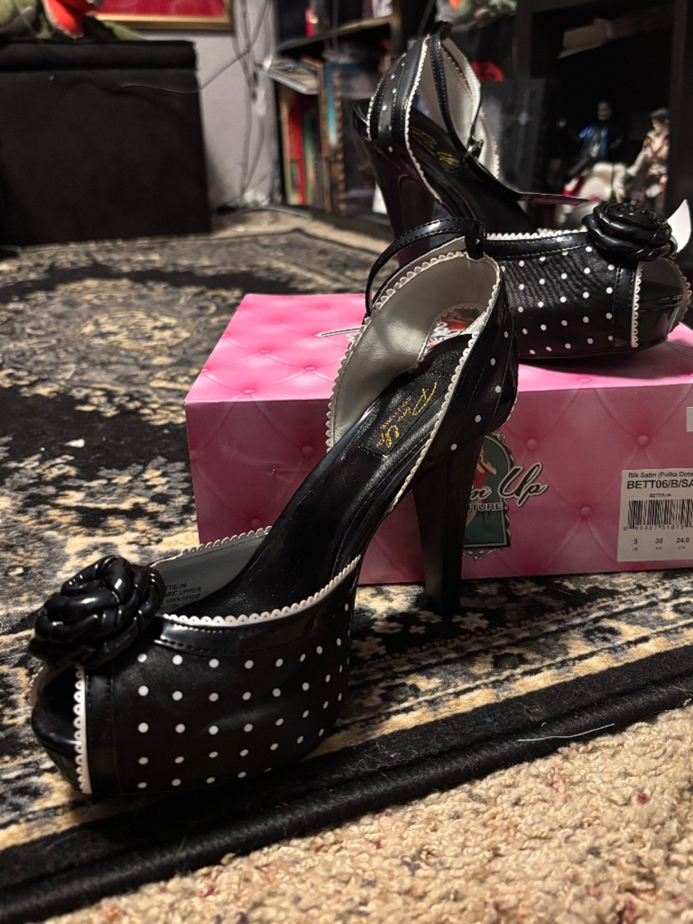 Pleasers - Pin Up Couture - Black Satin White Polka Dot Rose Heels - Size 8